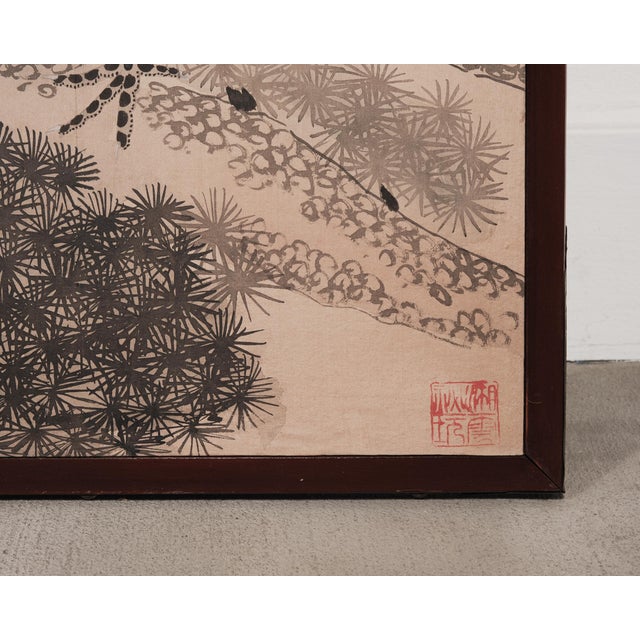 Japanese Style Showa Four-Panel Screen Cranes in Pine Trees For Sale - Image 14 of 18