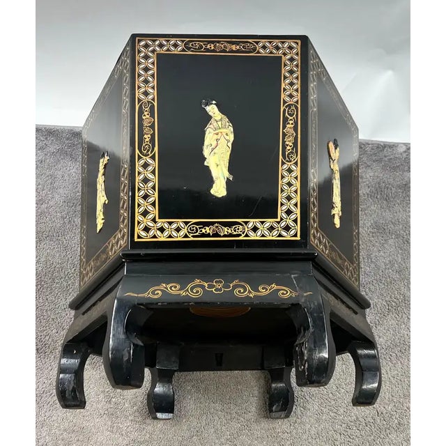 Asian Black Lacquer Hexagonal Side Table With Hand-Painted Gold & Figural Pane For Sale - Image 10 of 15