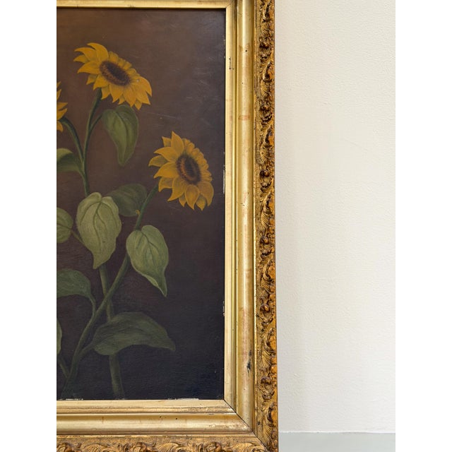 Antique Victorian Sunflower Oil Painting, 19th Century Floral Still Life in Gilt Frame For Sale - Image 4 of 8