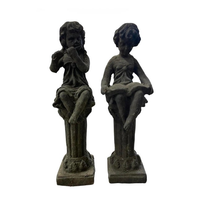 Pair of Vintage European Style Cast Iron Seated Putti Statues on Fluted Pedestals For Sale - Image 4 of 12