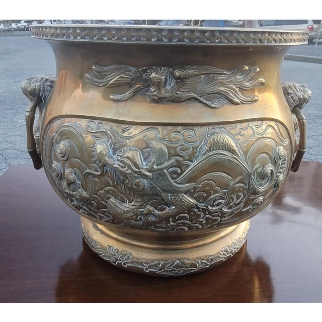 Late 19th Century Qing style Chinese Hammered and Engraved Brass Jardinière Planter. Heavy duty and weigh about 10lbs....