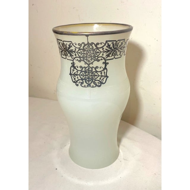 Antique Ornate Sterling Silver Overlaid Opal Opaline Tall Glass Vase For Sale - Image 4 of 12