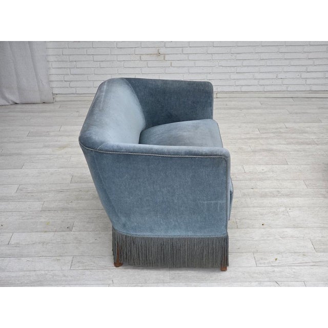 Vintage Danish Two-Seater Sofa in Blue Furniture Velour and Oak, 1970s For Sale - Image 9 of 18