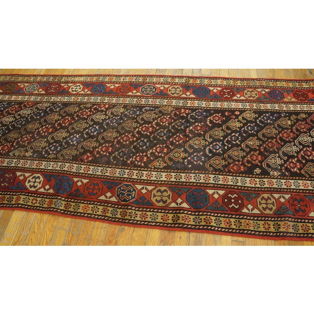 1900s Blue Navy Geometric Tribal Caucasian Moghan Runner Rug 3' X 9'6" Handknotted Wool Carpet For Sale - Image 4 of 18