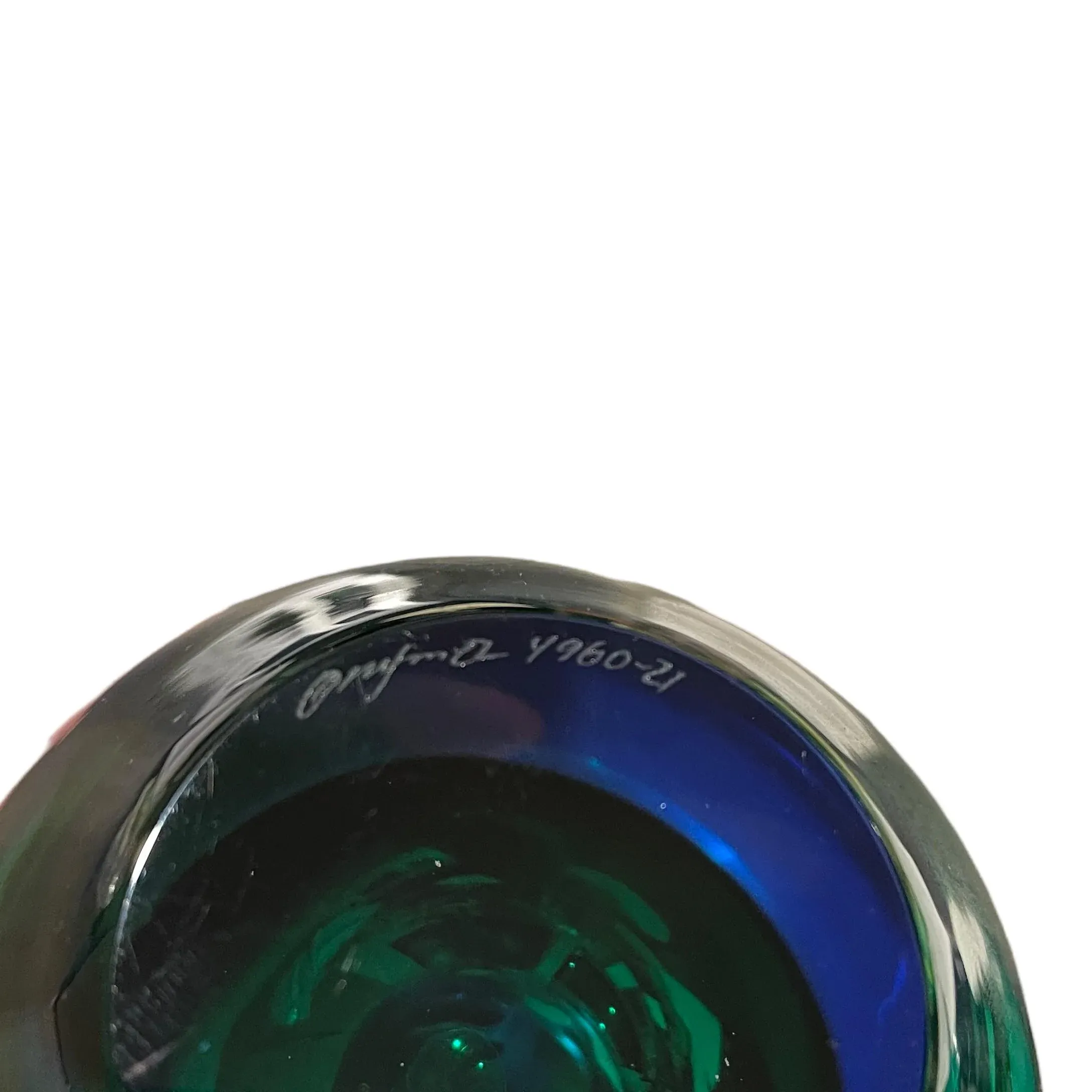 1980s Orrefors Erika Lagerbielke Green/Blue Rosebud Vase | Chairish