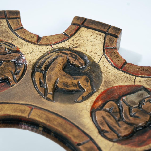 A superb mid century hard carved zodiac sunburst mirror with convex witch’s eye or banker’s mirror glass, hand made in...