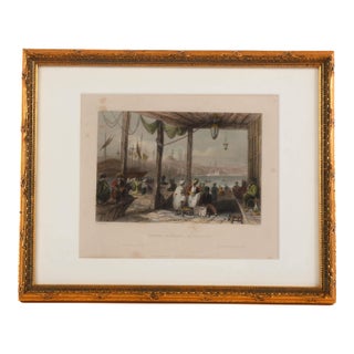 Antique Hand-Colored "Coffee Kiosque on the Port" Print For Sale