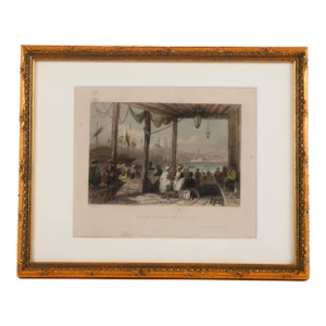 Antique Hand-Colored "Coffee Kiosque on the Port" Print
