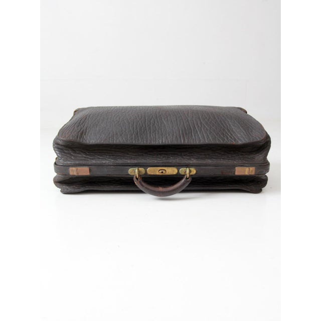 Animal Skin Antique 1920s Black Leather Suitcase With Brass Hardware For Sale - Image 7 of 14