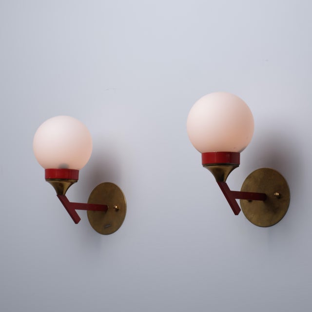 Metal Italian Brass, Red Metal and Opaline Glass Globe Sconces, 1950s, Set of 2 For Sale - Image 7 of 10