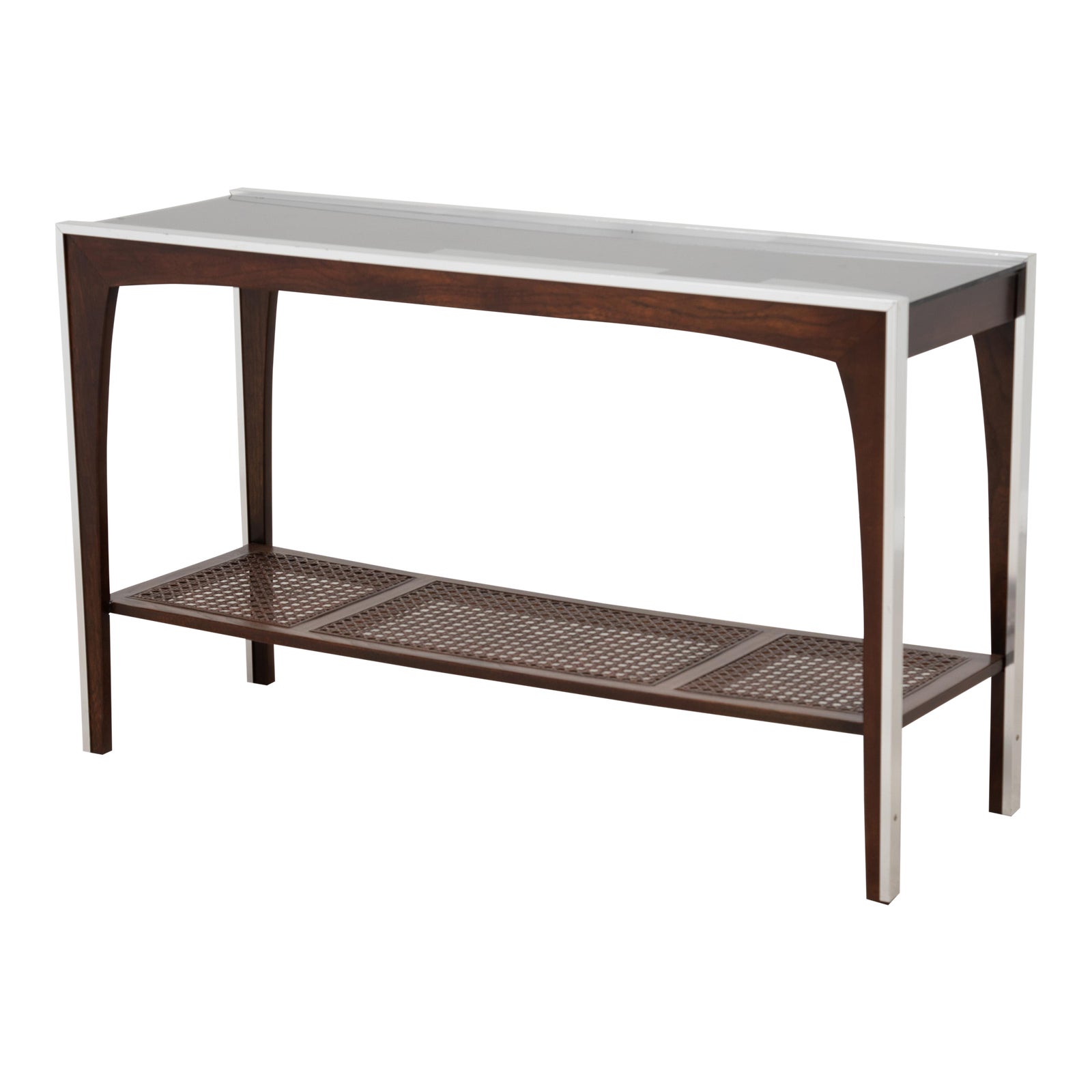 Bassett Furniture Console Sofa Hall Table Mid Century Walnut Aluminum Cane Marked Chairish