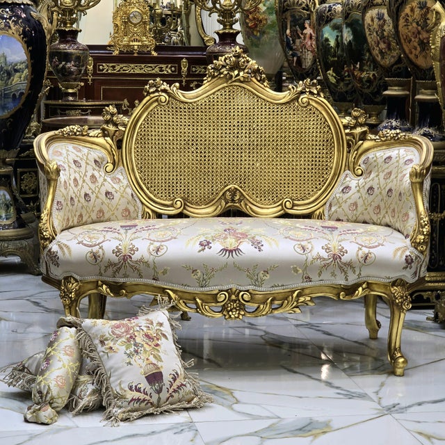 Textile French Style Sofa Settee With Beige White Patterned Fabric For Sale - Image 7 of 8