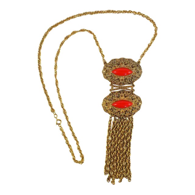 1950s Goldtone Filigree and Faux Coral Pendant Necklace For Sale