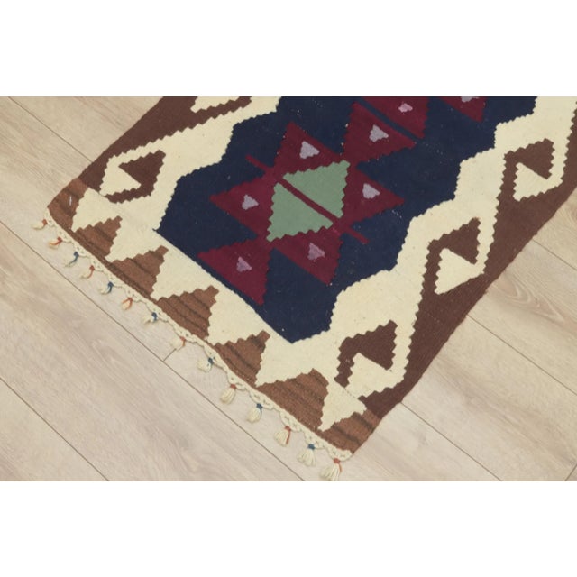 1970s Scandinavian Geometric Style Turkish Navy Blue and Blue Oushak Kilim Rug For Sale - Image 4 of 11