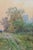 Charming antique French watercolor depicting a solitary figure walking along a country path through a softly wooded...