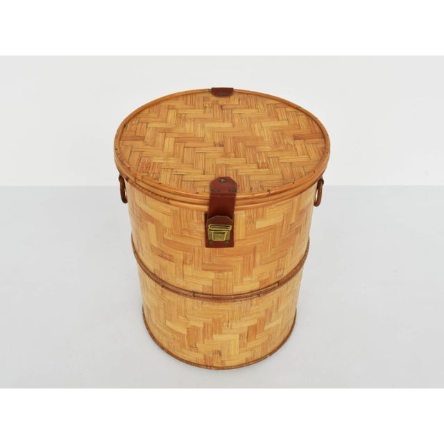 Italian Closed Rattan Basket with Leather Details, 1973 For Sale - Image 4 of 9