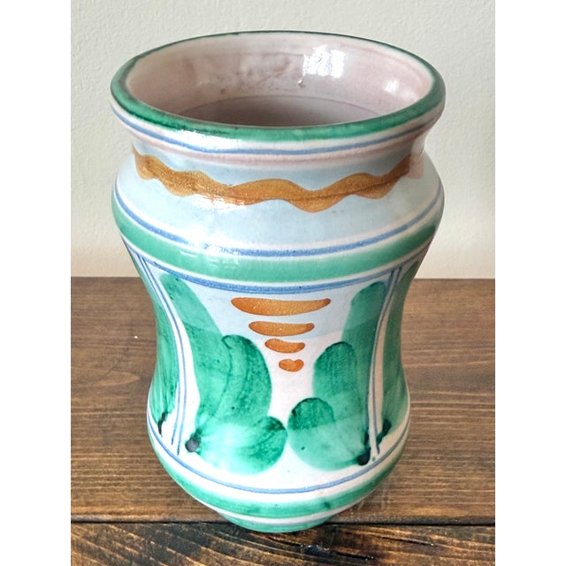 Small pottery vase, handmade in Vietri Italy, on the edge of the renowned Almalfi Coast. Painted in greens, orange, and...