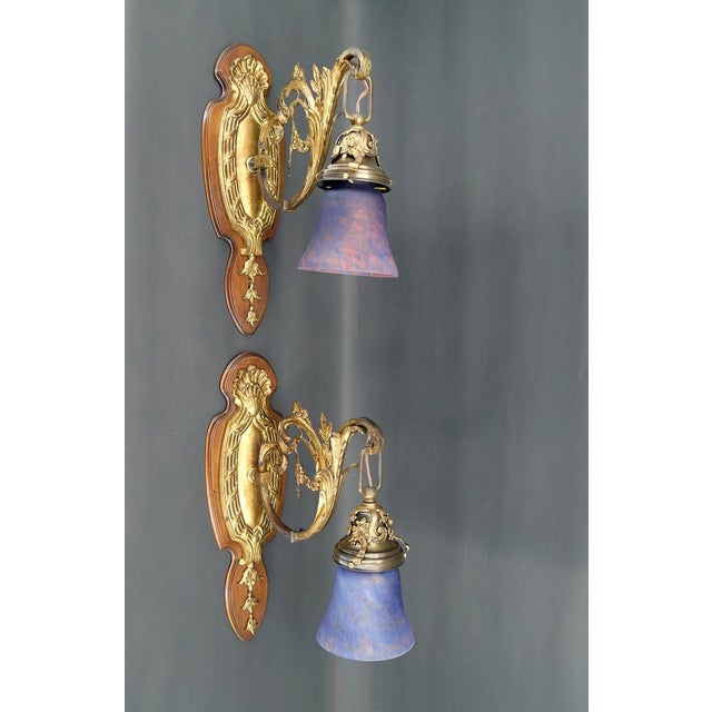 Louis XV Wall Sconces in Walnut Bases and Glass Tulips, 1890s, Set of 2 For Sale - Image 13 of 18