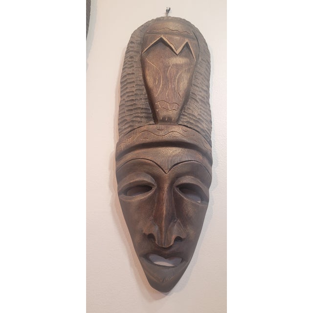 Wood Pair of Hand Carved Wooden Tribal Face Mask Folk Art For Sale - Image 7 of 16