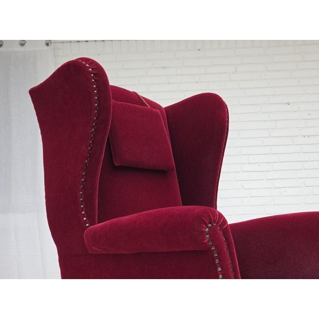 Danish Highback Wingback Armchair in Cherry-Red Velour, 1960s For Sale - Image 9 of 18