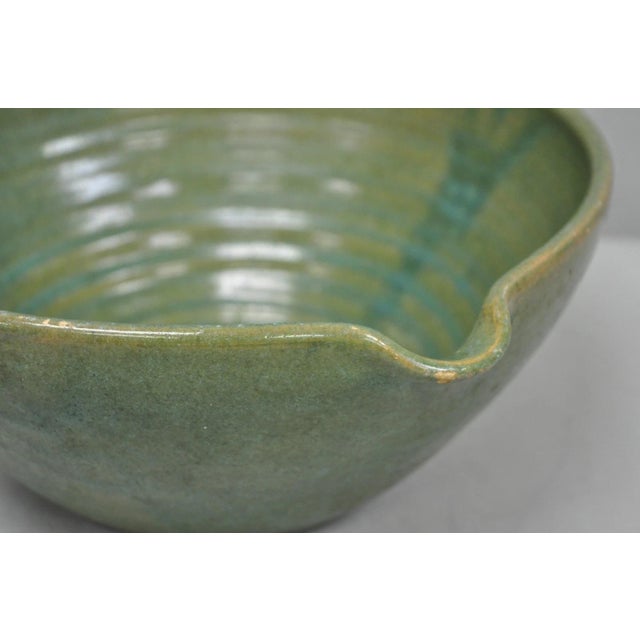 Vintage Primitive Green Glazed Ceramic Pottery Large Mixing Bowl W Handle For Sale - Image 12 of 18