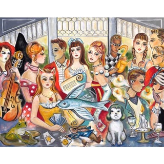 Close Encounters by Zoa Ace | Oil Painting of a colorful gathering of people and animals. For Sale