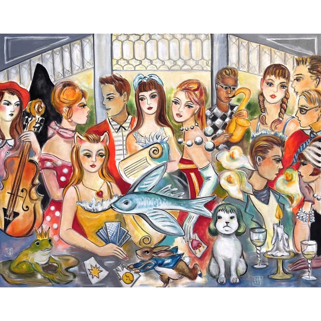 Close Encounters by Zoa Ace | Oil Painting of a colorful gathering of people and animals. For Sale