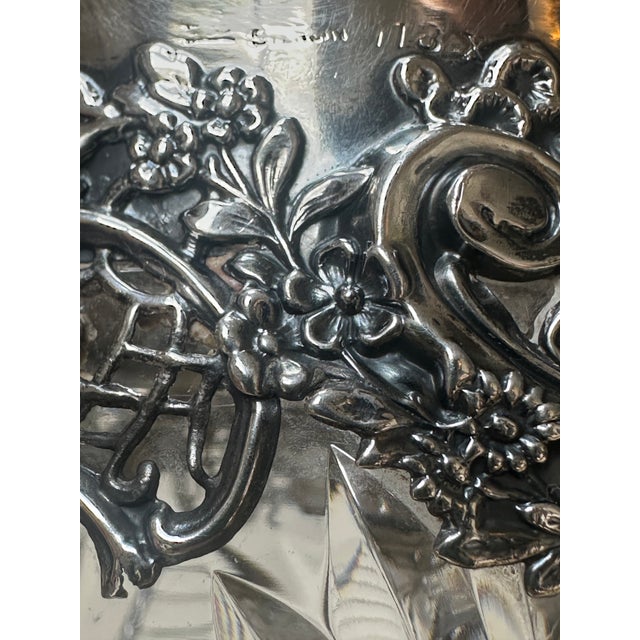American Brilliant Cut Crystal Vase With Sterling Silver Neck Collar in Ornate Repousse Floral Design For Sale - Image 9 of 11
