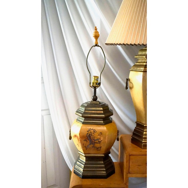 1970s 1970s Chapman Manufacturing Vintage Leather and Brass Table Lamps & Lamp Shade - a Pair For Sale - Image 5 of 13