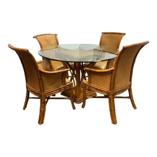Bassett Furniture Rattan + Glass Dining Set, Vintage For Sale