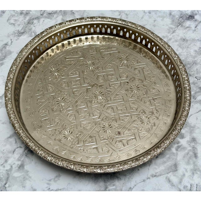 Vintage Etched Moroccan Silver Tea Tray, Accent Tray For Sale - Image 9 of 12
