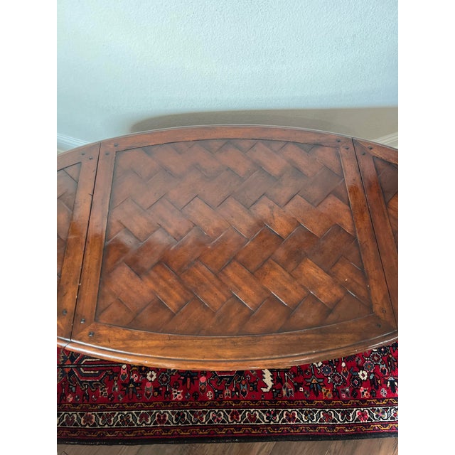 1980s Jonathan Charles Country Farmhouse Collection Oval Parquet Cocktail Table, Drop-Down Ends For Sale - Image 5 of 12