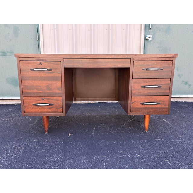 Mid-Century Modern 1970s Mid-Century Modern Walnut Kneehole Tanker Desk For Sale - Image 3 of 12