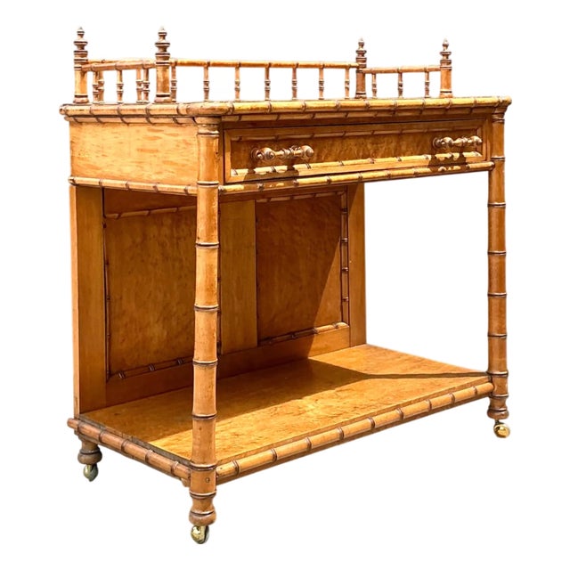 Vintage Wood Faux Bamboo Serving Cart For Sale