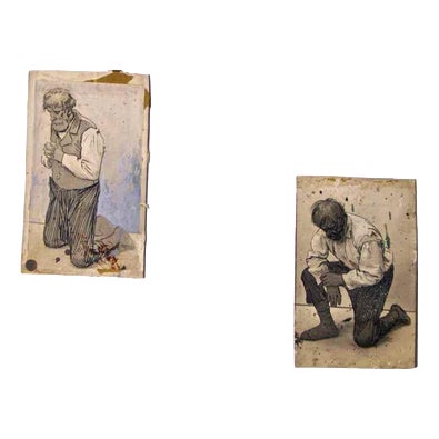 Gabriele Galantara, Men in Knee, 1907, Ink and Lead on Paper, Set of 2 For Sale
