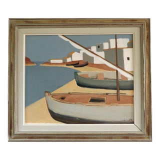 1958 Mid-Century Modern 'Quiet Mooring' Vintage Swedish Coastal Landscape Oil Painting, Framed For Sale