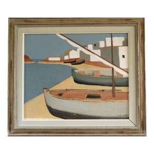 1958 Mid-Century Modern 'Quiet Mooring' Vintage Swedish Coastal Landscape Oil Painting, Framed