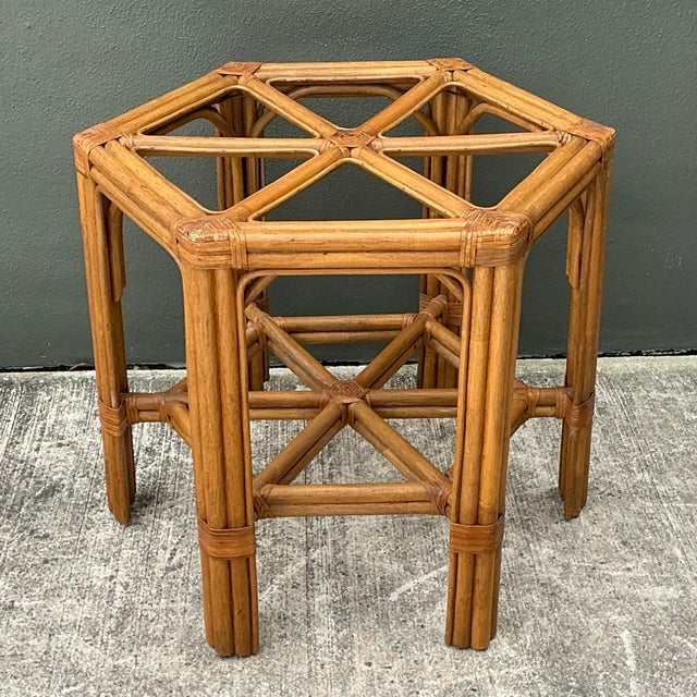 Tan Vintage Rattan Hexagon Dining Table Pedestal For Sale - Image 8 of 12