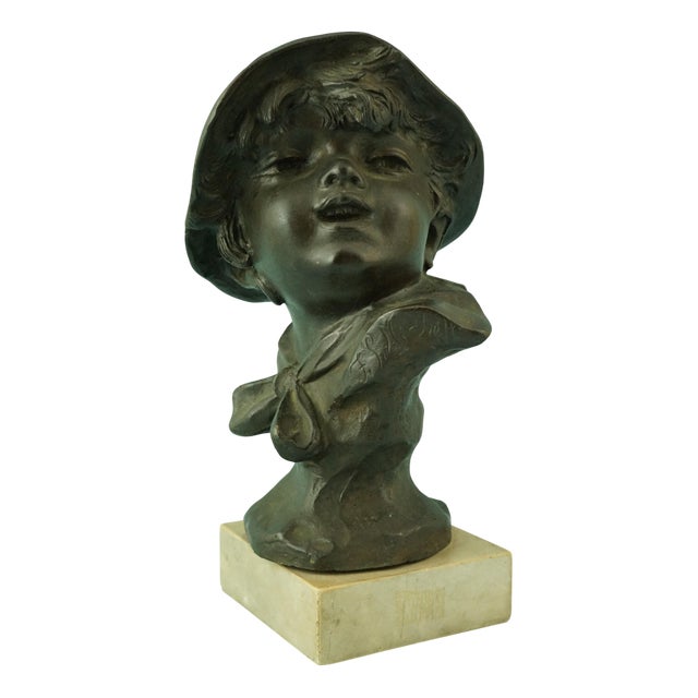 19th Century Bronze Bust Sculpture of a Peasant Child on a Marble Base by Francesco Paolo Michetti For Sale