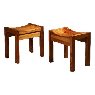 Pine Stools with Curved Seats, France, Set of 2 For Sale