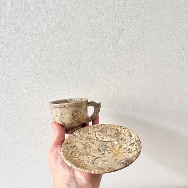 Beige Vintage Marble Espresso Cups with Saucers, 1920s, Set of 5 For Sale - Image 8 of 11