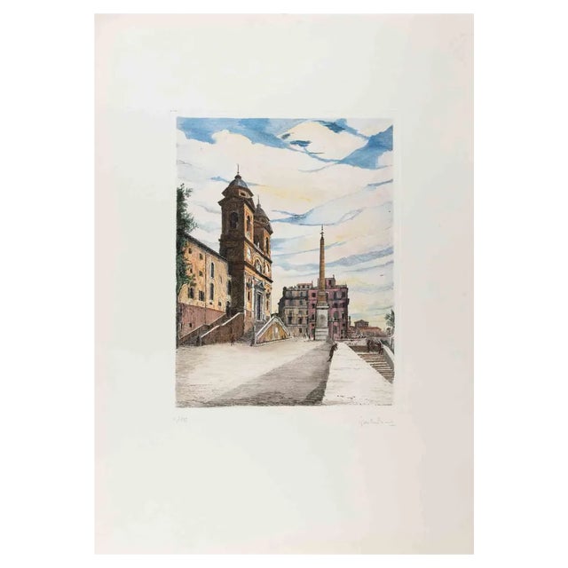 Giuseppe Malandrino, View of Trinità dé Monti, Etching, 1970s For Sale