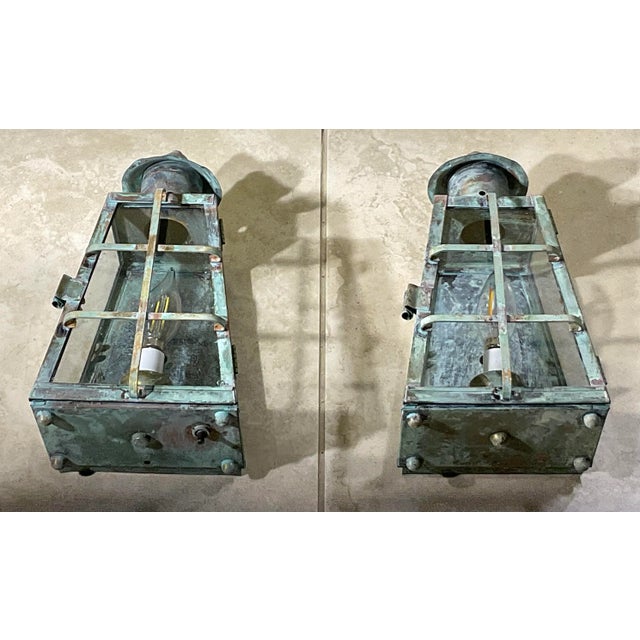 Turquoise Funky Vintage Pair of Solid Patinated Brass and Copper Wall Lanterns For Sale - Image 8 of 16