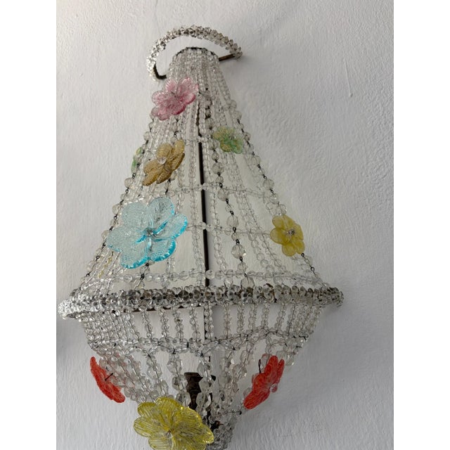 Huge Beaded Colorful Murano Flowers Sconces, Circa 1940 Italian One of a Kind - a Pair For Sale - Image 6 of 14