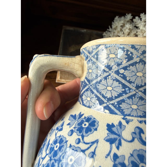 Ceramic Antique W. Ridgway Blue White Transferware Pitcher, English Ironstone Water Jug, Victorian Floral Chinoiserie, Registered Design For Sale - Image 7 of 12