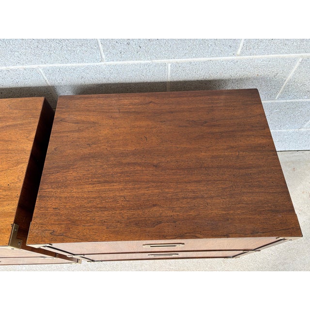 Brown Mid 20th Century Lane Furniture Campaign Style 2 Drawer Walnut Nightstands - A Pair For Sale - Image 8 of 12