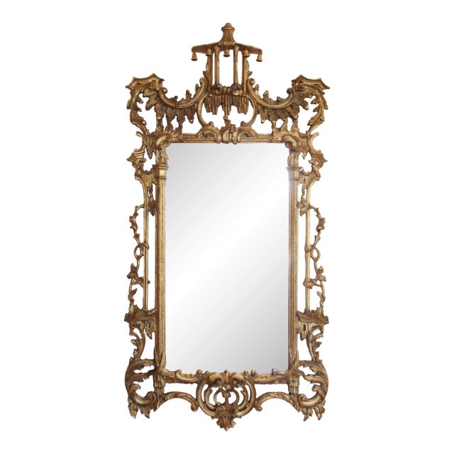 Large Italian Hand Carved Giltwood Chippendale Style Wall Mirror Circa 1960s For Sale