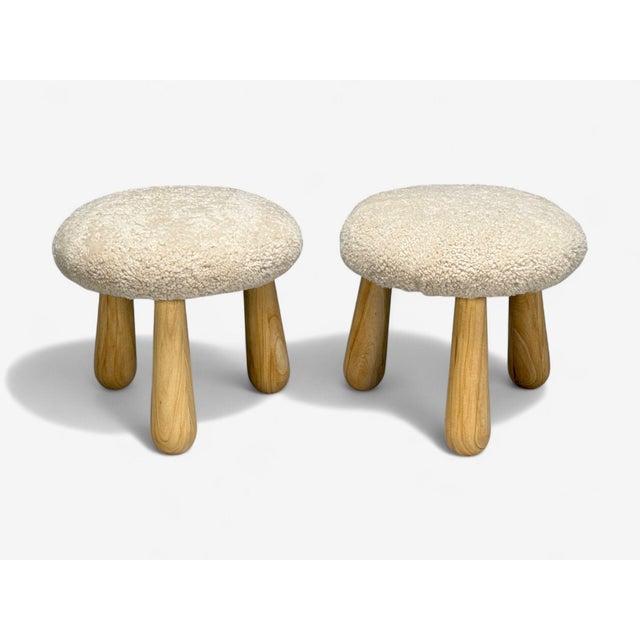 Contemporary, Danish Mid-Century Modern Style, Sheepskin Footstools or Ottomans, Beige Shearling, Maple, USA, 21st c. Pair...