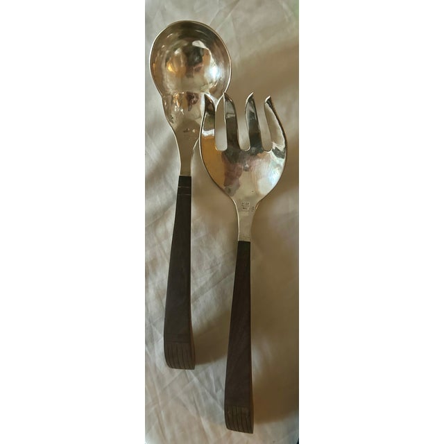 Mid-Century Modern 1950s Vintage Taxco Modernist 980 Fine Silver & Rosewood Salad Serving Set - 2 Pieces For Sale - Image 3 of 8