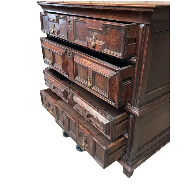 Wood Jacobean Chest of Drawers in Oak ca.1690 with Brass Escutcheons and Drop Handles For Sale - Image 7 of 8